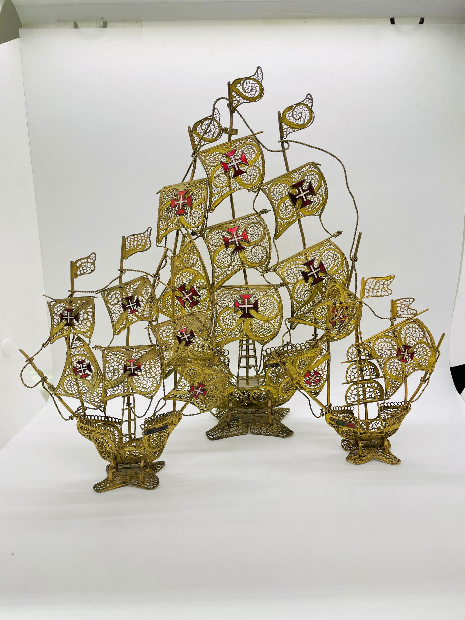 Bronze Enamel Filigree Portugal Sail Ships Figures: Bronze Filigree Portugal Sail Ships Columbus