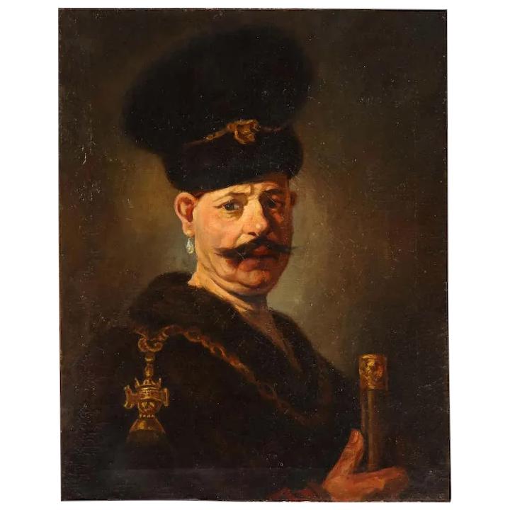 (After) Rembrandt, A Polish Nobleman, Oil on Canvas: (After) Rembrandt, A Polish Nobleman, Oil on Canvas Painting, 19th Century.A Polish Nobleman is a 1637 painting by Rembrandt depicting a man in a costume of Polish szlachta (nobility). The identity of
