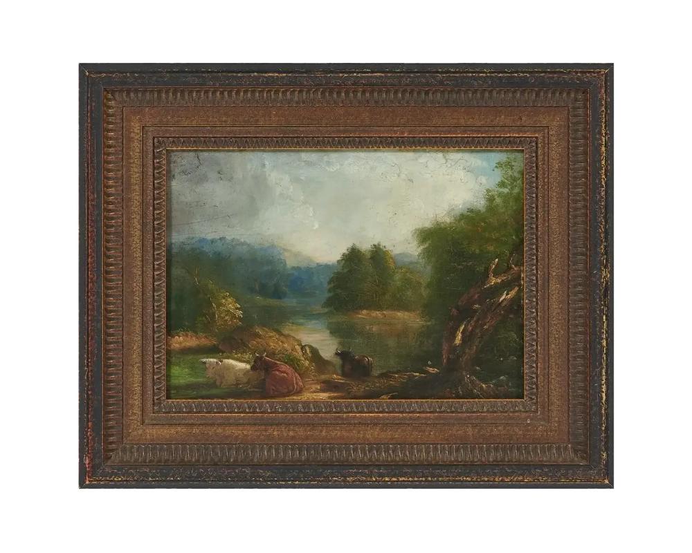 Antique American Oil on Panel Cows Resting by a River, Shepard Alonzo Mount (American, 1804-1868) (1 of 3)