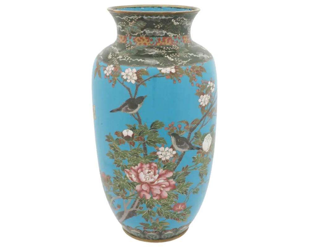 A Large High Quality Blue Ground Japanese Cloisonne Meiji Era Enamel Floral, Sparrow and Butterfly (1 of 7)