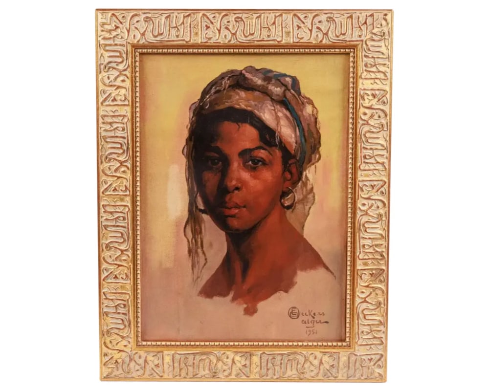 Emile Deckers ( Belgian, 1885-1968) A Portrait Painting of An Algerian Woman: Emile Deckers (Belgian, 1885-1968) An Orientalist Portrait Painting of An Algerian Woman, circa 1950.Realistically painted, depicting an Algerian woman in traditional clothing and head garb, in the or