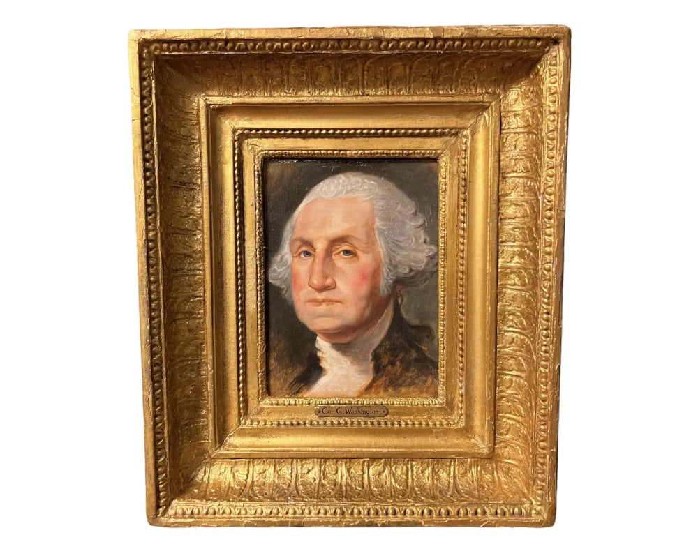 American School 19th Century Portrait of George Washington after Gilbert Stuart circa 1810: American School 19th Century Portrait of George Washington, crafted around 1810, serves as a compelling homage to the nation’s founding father. Executed in the style reminiscent of Gilbert Stuart, t