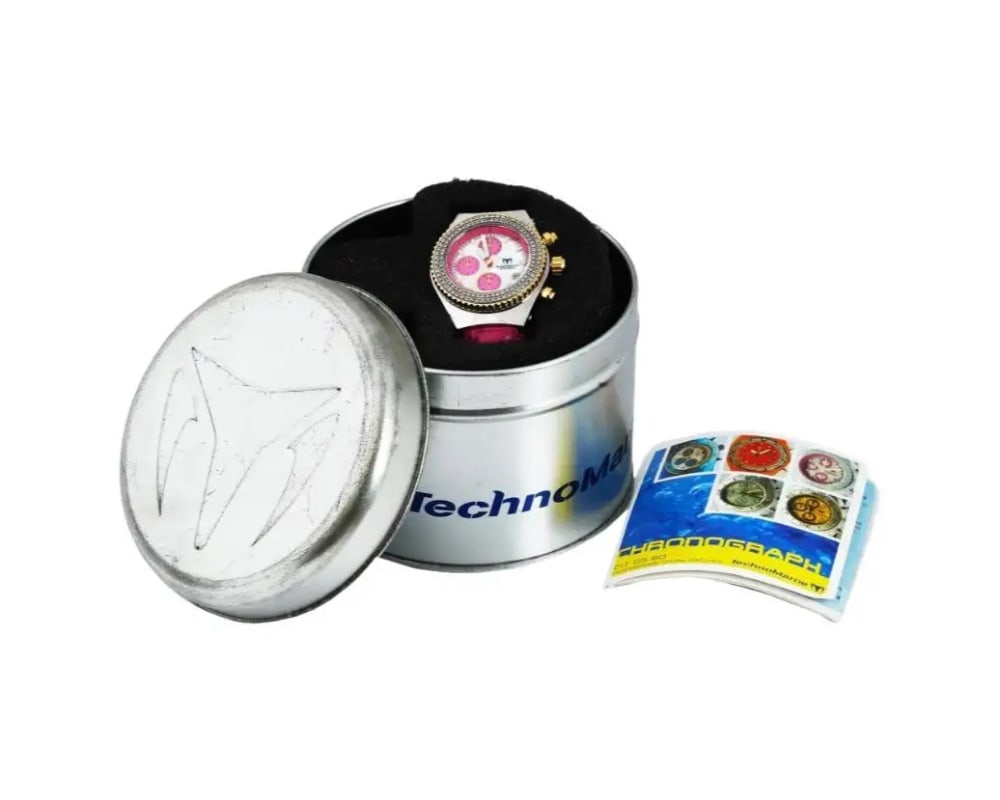 Vintage Pink Technomarine Womens Chronograph Wristwatch Diamonds + MOP Dial: A vintage womens stainless steel chronograph wristwatch by TechnoMarine. Millenium Special Edition, Cruise CG7, model CIT 05 60. The bezel is set with two rows of diamonds. Three gilt crowns. Mother-o