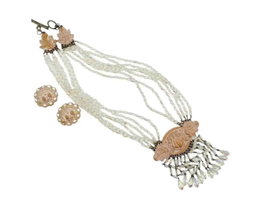 Rare Chantal Thomass Iridescent Glass Beaded Necklace and Earrings Set: Rare Chantal Thomass Glass Iridescent Necklace Set Very Rare High Quality the necklace is in great condition some minor wear consistent with age and use the earrings are in good condition they are unf