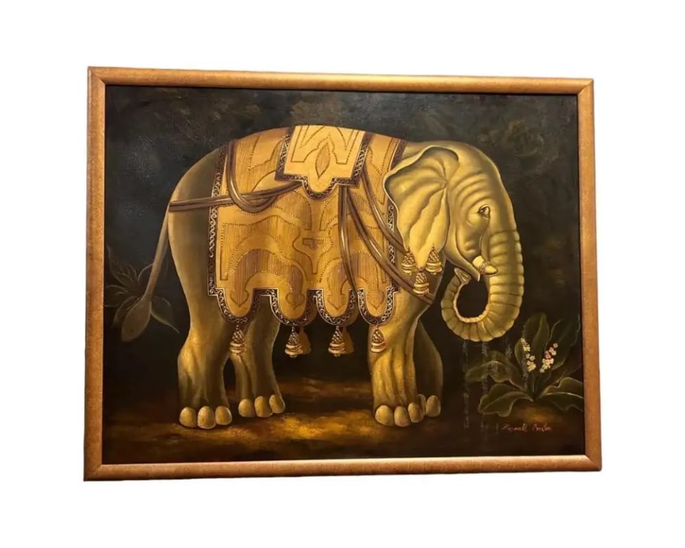 Elephant in Profile: Playful Folk Art Oil on Canvas by Reginald Baxter (Canadian: "Elephant in Profile: Playful Folk Art Oil on Canvas by Reginald Baxter (Canadian, 20th Century)" This large oil on canvas, titled "Elephant," is a tongue-in-cheek homage to Victorian parlor paintings