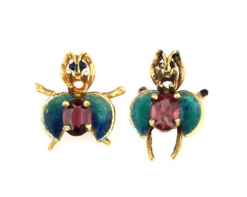 Vintage 14K Yellow Gold Enamel Ruby Bug Pins