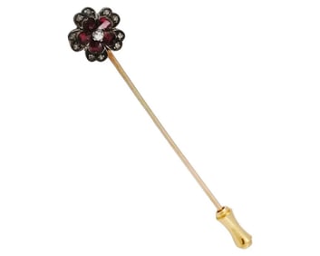 Vintage French Gold Ruby Diamond Flower Stick Pin