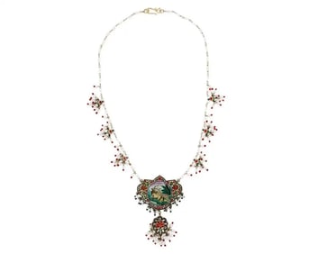 Vintage Indian Gold Enamel Jaipur Necklace With Pearl Beads