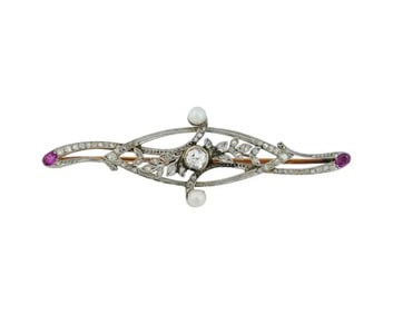 Antique 14K Gold Edwardian Diamonds Pearls Brooch