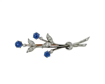 Antique 14K Palladium Gold Sapphire Diamonds Brooch