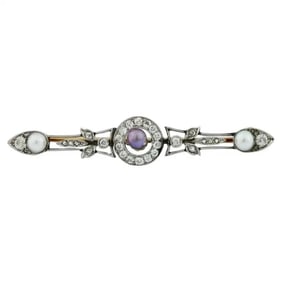 Antique Russian 14K Gold Diamond Natural Pearl Brooch