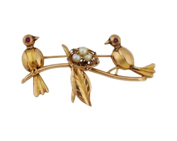 14K Gold Love Birds Ruby Eyes Natural Pearls Brooch
