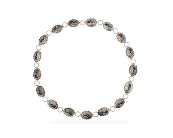 Native American Silver, Coral And Turquoise Belt