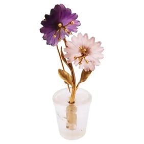 18K Gold Rock Crystal, Rose Quartz, Amethyst Miniature Flower Pot