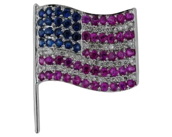 14K Gold Ruby Sapphire Diamond USA American Flag Brooch