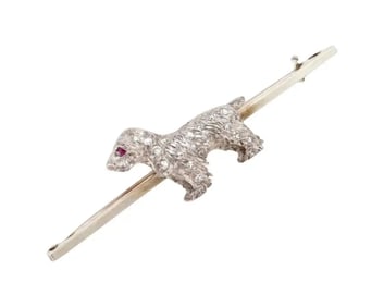 18K Gold And Platinum Diamond Dog Pin Brooch