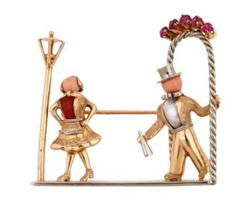 Garavelli 18K Gold Ruby Coral Pearl Pin Brooch
