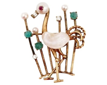 18K Gold Pearl Diamond Emerald Flamingo Brooch