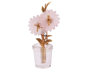A French 18K Gold, Rock Crystal and Rose Quartz Flower Pin Brooch