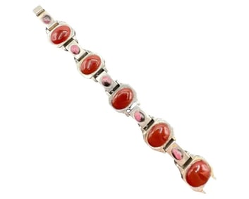 Art Deco German Sterling Silver Agate and Rhodonite Bracelet