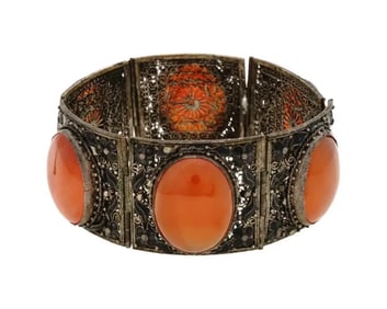 Chinese Silver Filigree Emamel And Agate Bracelet