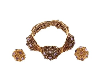 Gilt Silver Filigree And Amethyst Jewelry Set
