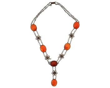 Chinese Silver Filigree And Agate Chain Necklace