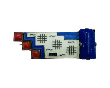Art-Deco German Sterling Silver Enamel Coral Lapis Brooch Pin