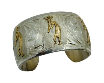 Vintage Sterling Silver 925 and 10K Gold Kokopelli Dancers Bangle Cuff