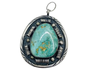 Vintage 1970's Silver Native American Turquoise Pendant Signed