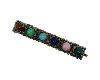 Vintage 1950's Cabochon Glass Leaf Pattern Wide Bracelet