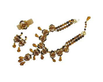 STANLEY HAGLER NYC Brass Tiger Eye Glass Drops Beaded Necklace Bracelet and Earrings Set