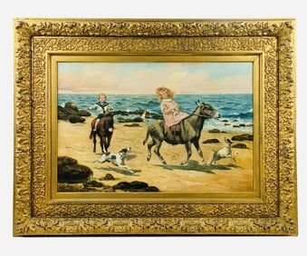 Samuel S. Carr 1837-1908 American Idyllic Beachside Scene Children Dogs