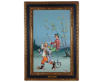 Taxi Surrealist Painting Clowns Signed Alfano Dardari