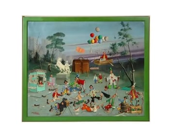 Alfano Dardari Surrealist Clowns Painting Wall Street Stock Market Oil on Canvas