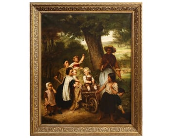 19th Century Dutch Painting of Children on a Hay Cart