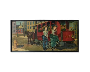 Oil Painting of Street Scene with Horse-Drawn Trolly, Joseph Hudson, 1948