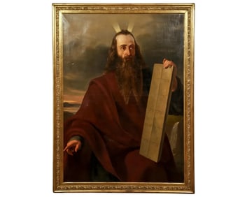Large Oil on Canvas Painting of Moses with the 10 Commandments Signed by Artis