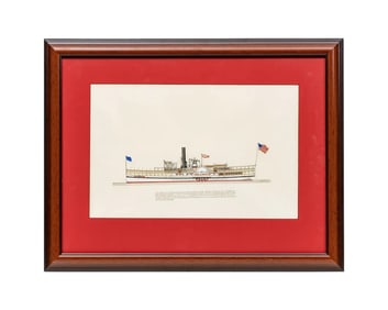 Ink and Watercolor Steam Paddle-Wheeler "Idlewild" Built By The Detroit Dry Dock
