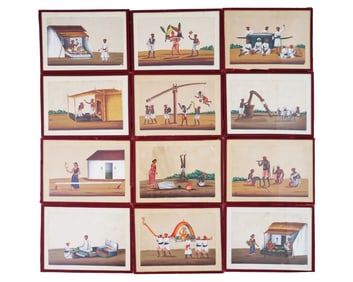 A Set of 12 Antique Indian Company School Miniature Paintings