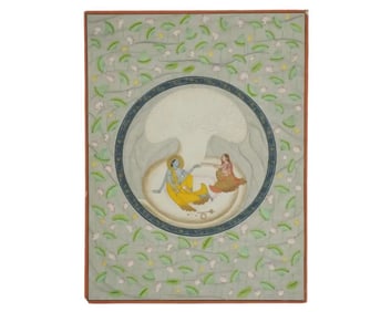 Antique Indian Miniature Mughal Painting Krishna With Radha