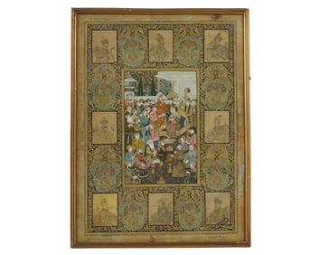 Antique Indian Mughal School Painting Court Emperors