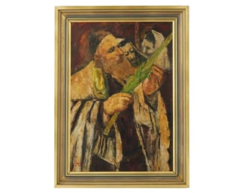 Judaica Portrait Oil Painting of a Rabbi Examining the Lulav Signed Rosendall