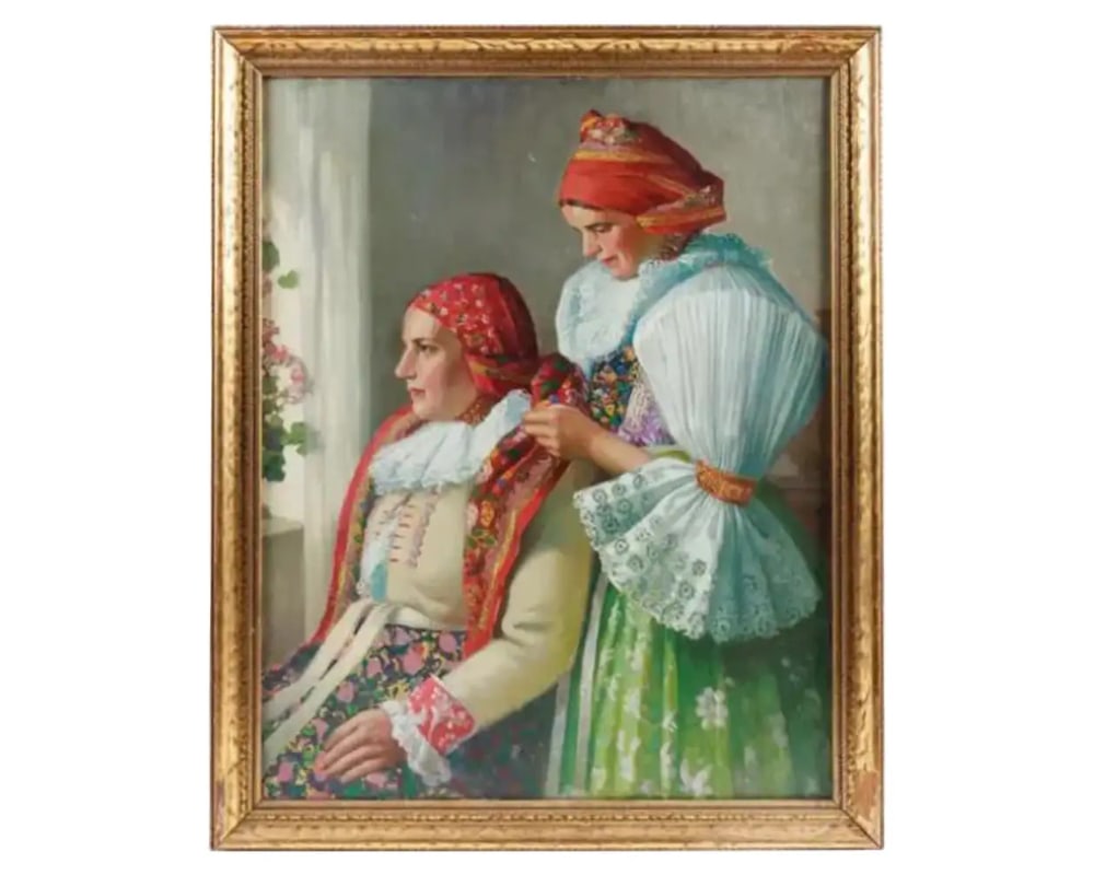 Attributed to Joza Uprka (Czech) "Slovakian Woman" A Rare Oil on Canvas Painting: Attributed to Joza Uprka (Czech 1861-1940) “Slovakian Woman” A Rare Oil on Canvas Painting Depicting two Czechoslovakian women in traditional outfits, one woman helping another put on her head