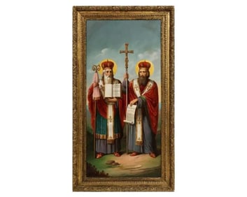 (Slavic School, 19th Century) A Large Oil Painting "Saints Cyril and Methodius"