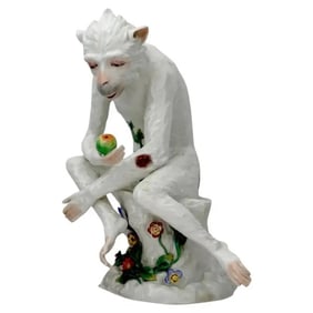 Antique German Dresden Monkey Porcelain Sculpture In Meissen Manner
