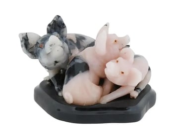 Carved Rhodonite Pig Figurines On A Marble Base