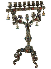 Unusual And Large Judaica Silver Plate Menorah With Gemstones