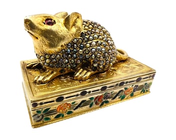 Rare Austrian Silver and Enamel Stamp Box with Mouse and Seed Pearls