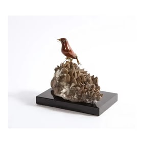 14K Gold Mounted Obsidian Bird on Dog's Tooth Stone, Mounted on Black Glass